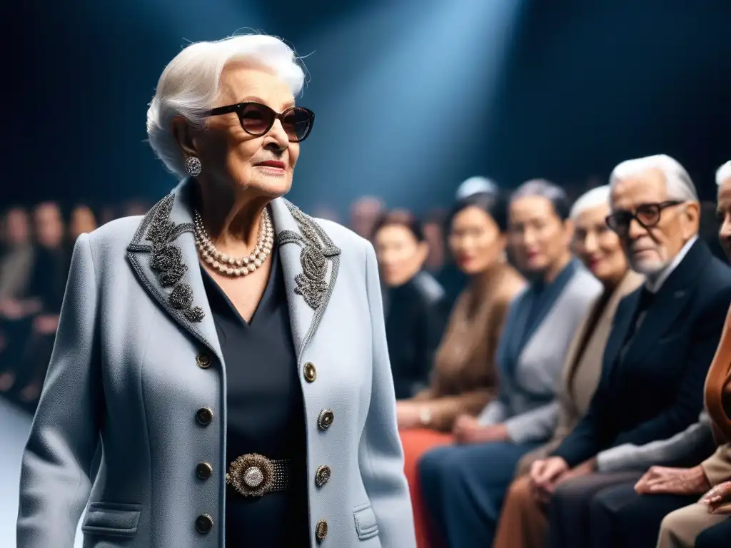 Desfile de moda: Empoderamiento de la mujer mayor rompiendo estereotipos Una mujer mayor desfilando con confianza en una pasarela de moda, desafiando estereotipos