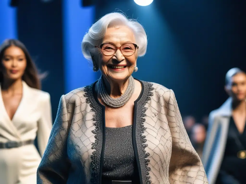 Desfile de moda adaptativa para adultos mayores: empoderamiento y estilo Una mujer mayor desfila con elegancia en moda adaptativa para todos, irradiando empoderamiento y alegría