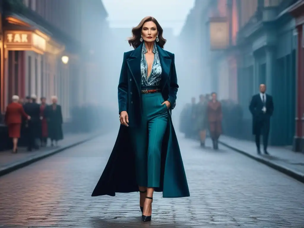 Desfile de moda: evolución elegante y moderna en la ciudad Una mujer mayor desfilando con elegancia en la pasarela, fusionando moda clásica y contemporánea en la vibrante ciudad