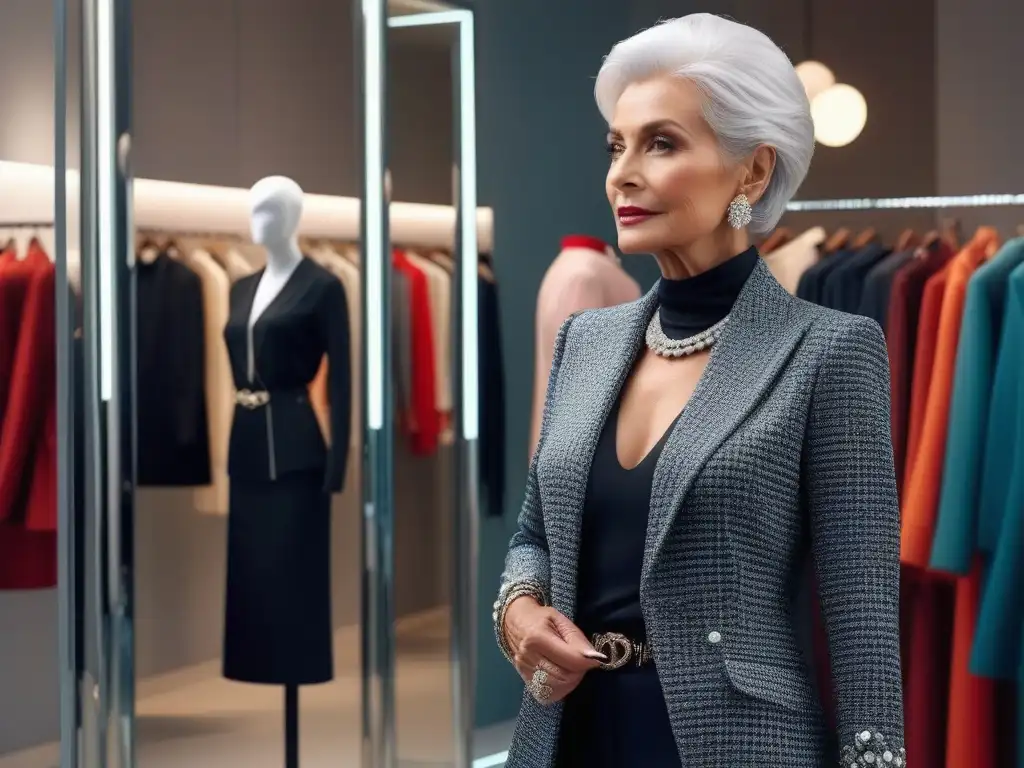 Estilo y sofisticación: moda senior con confianza y elegancia Una mujer mayor elegante ajustando sus accesorios frente al espejo en una boutique chic