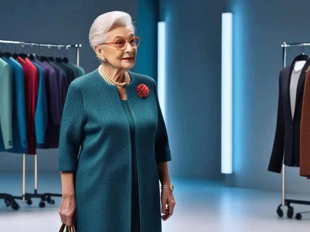 Estilo adaptable para mayores: moda funcional y trendy Una mujer mayor viste un elegante atuendo adaptativo, destacando funcionalidad y moda