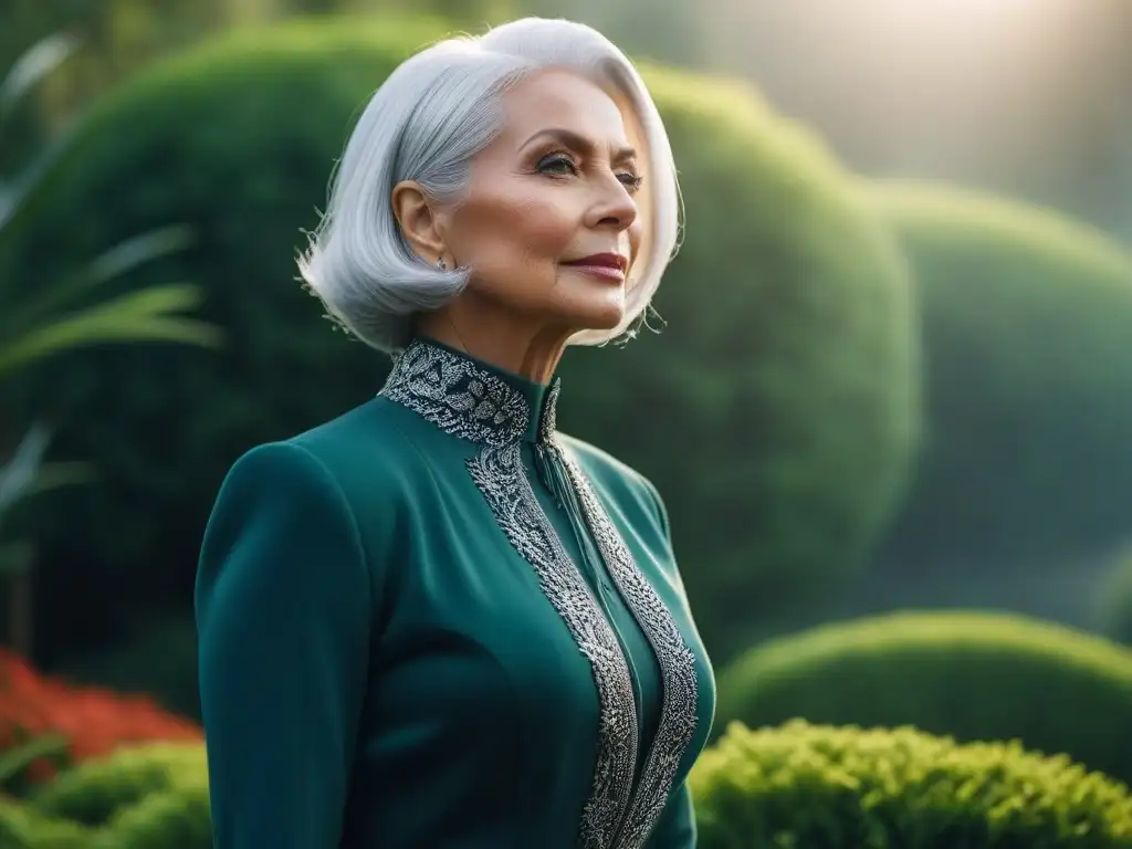Mujer senior elegante en jardín botánico ecofriendly Una mujer mayor elegante con cabello plateado, viste un atuendo ecofriendly en un jardín botánico verde exuberante