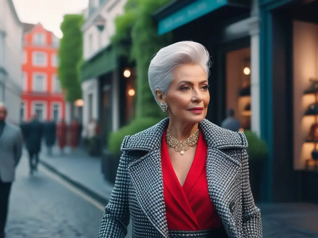 Elegante mujer mayor paseando con estilo en la ciudad Una mujer mayor elegante con cabello plateado, vistiendo un atuendo colorido que resalta su figura