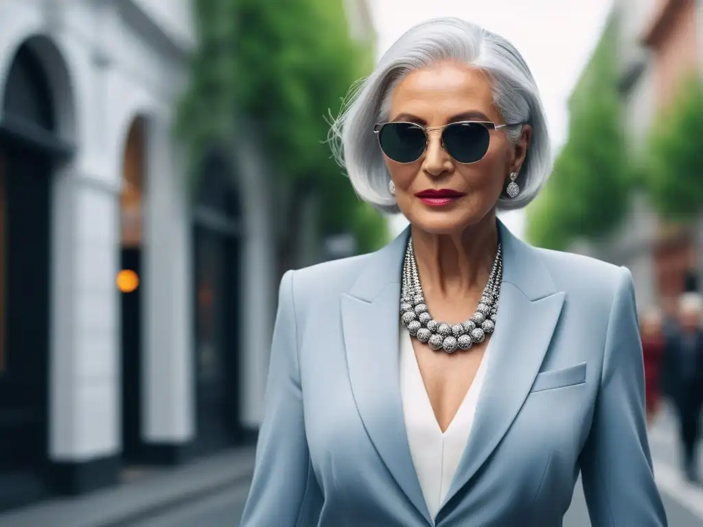 Mujer elegante paseando por la ciudad con estilo atemporal Una mujer mayor elegante con cabello plateado, viste un traje a medida y accesorios chic, caminando con confianza por una calle de la ciudad