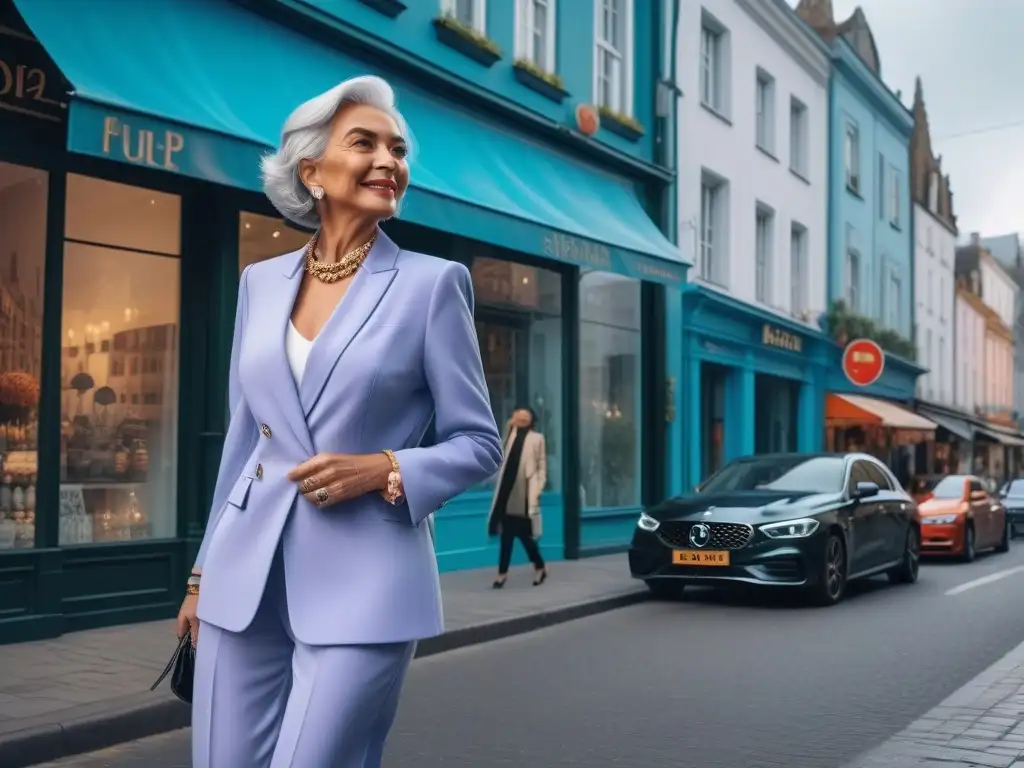 Estilo senior y juventud urbana: moda y armonía en la ciudad Una mujer mayor elegante con cabello plateado, vistiendo un traje pastel chic y accesorios de moda, camina confiada por una concurrida calle de la ciudad
