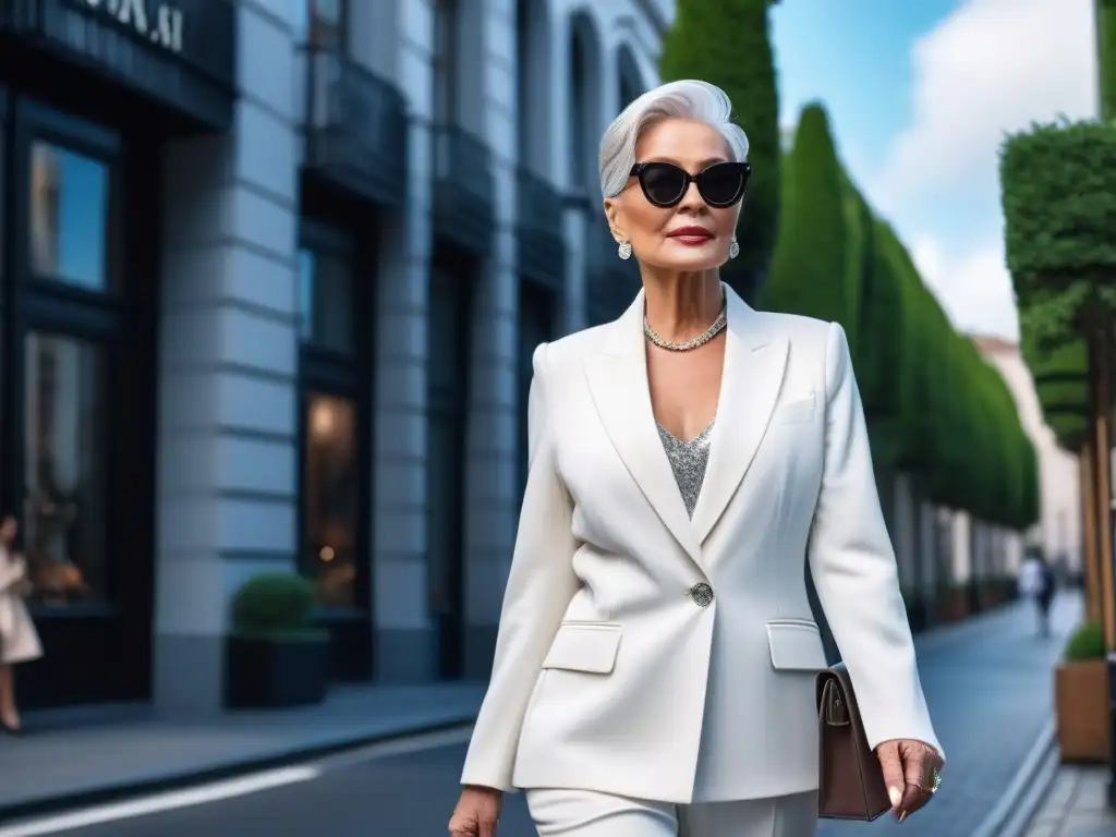 Estilo senior: mujer elegante pasea con confianza por la ciudad Una mujer mayor elegante con cabello plateado, luciendo un atuendo monocromático y accesorios llamativos, camina con confianza por una calle de la ciudad