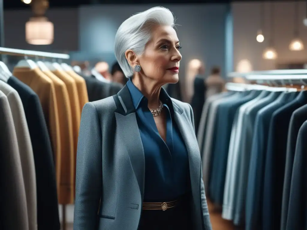 Moda senior: Empoderamiento y estilo en boutique chic Una mujer mayor elegante con cabello plateado, explorando ropa de moda en boutique moderna