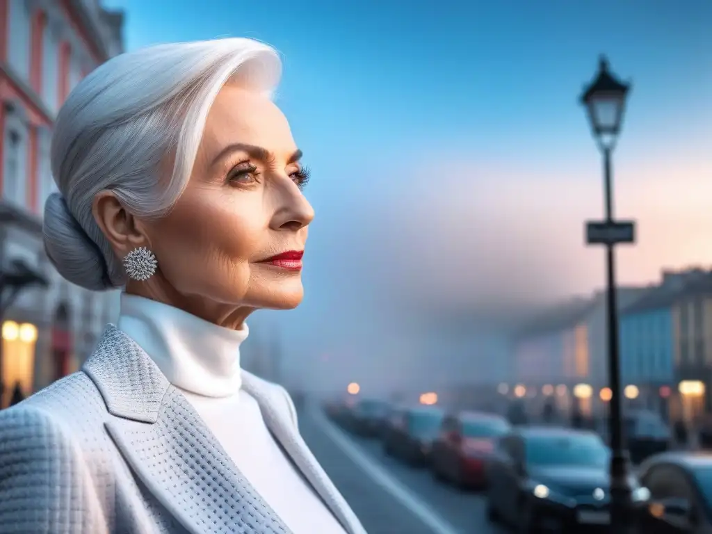 Moda elegante para mujeres maduras: sofisticación contemporánea Una mujer mayor elegante con cabello plateado, luciendo un outfit sofisticado de innovadores tejidos en tonos pasteles