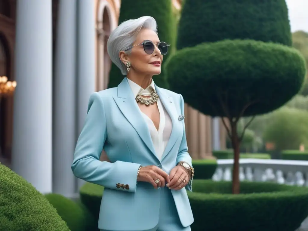 Moda atemporal: mujer mayor elegante en entorno urbano moderno Una mujer mayor elegante con cabello plateado, viste un traje de pantalón en tono pastel, joyas llamativas y gafas modernas