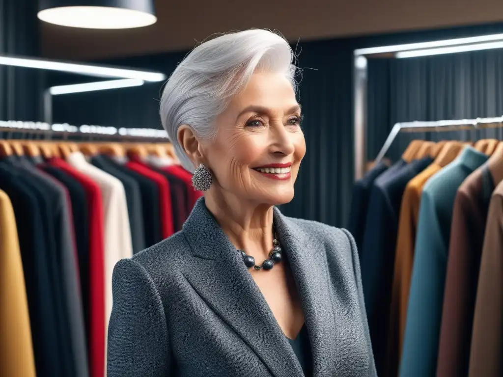 Estilo atemporal: Senior elegante en boutique de moda Una mujer mayor elegante con cabello plateado, explorando ropa moderna en una boutique chic