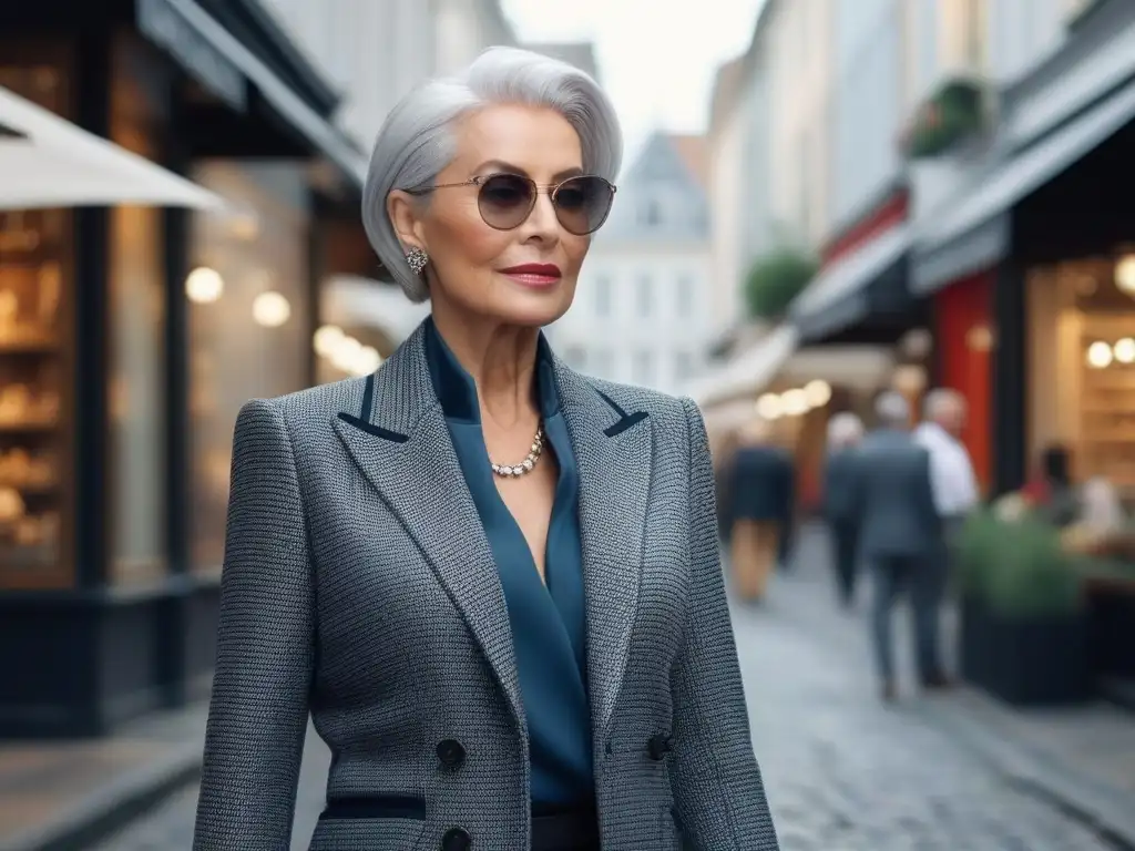 Elegante mujer mayor con estilo urbano y sofisticado Una mujer mayor elegante pasea por la ciudad con atuendo moderno y sofisticado