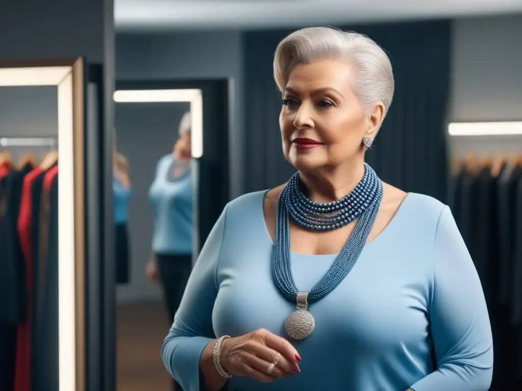 Empoderamiento de la moda plussize para mujeres mayores Una mujer mayor elegante ajustando su collar frente al espejo en un vestidor moderno