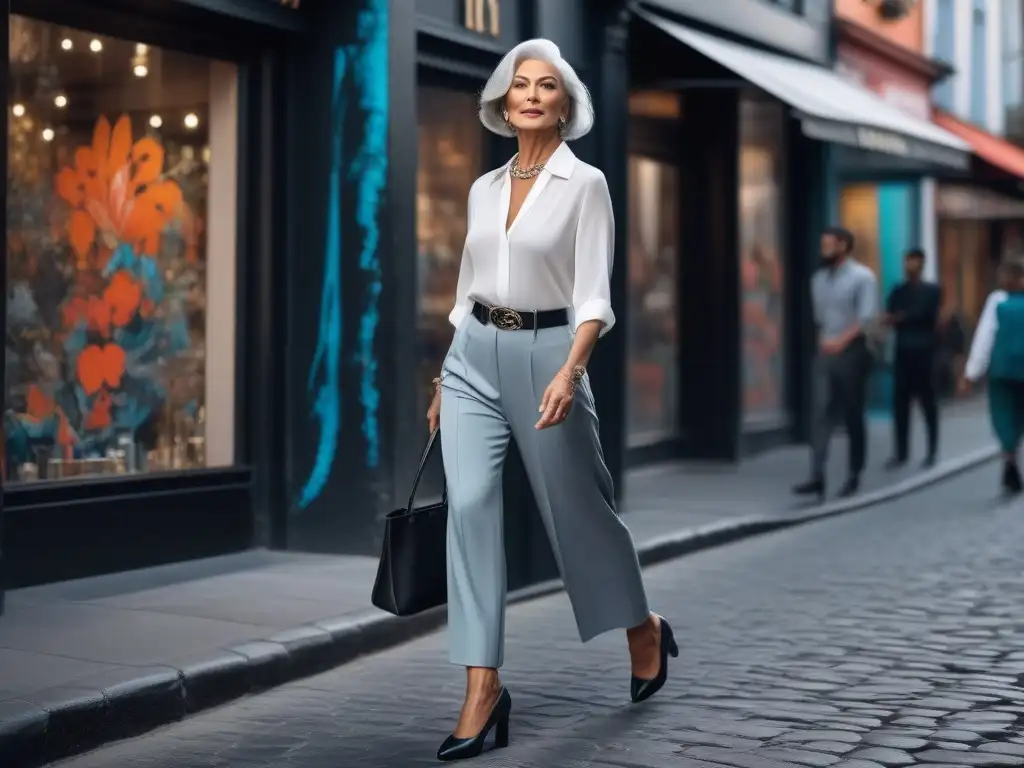 Elegante mujer mayor pasea con estilo en la ciudad moderna Una mujer mayor elegante pasea confiada por una calle de la ciudad, combinando moda casual cómoda para seniors con estilo urbano contemporáneo