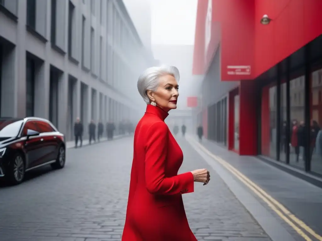 Mujer mayor elegante en rojo vibrante: empoderando la moda senior Una mujer mayor elegante camina con confianza por la calle, vistiendo un atuendo monocromático en rojo vibrante que complementa su cabello plateado