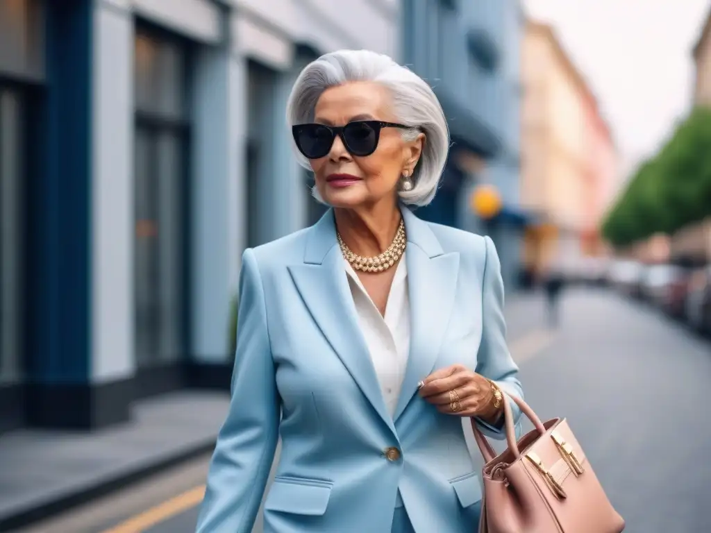Mujer mayor elegante caminando con confianza por la ciudad Una mujer mayor elegante camina con confianza por la calle luciendo un traje de pantalón de color pastel, gafas de sol y bolso de diseñador
