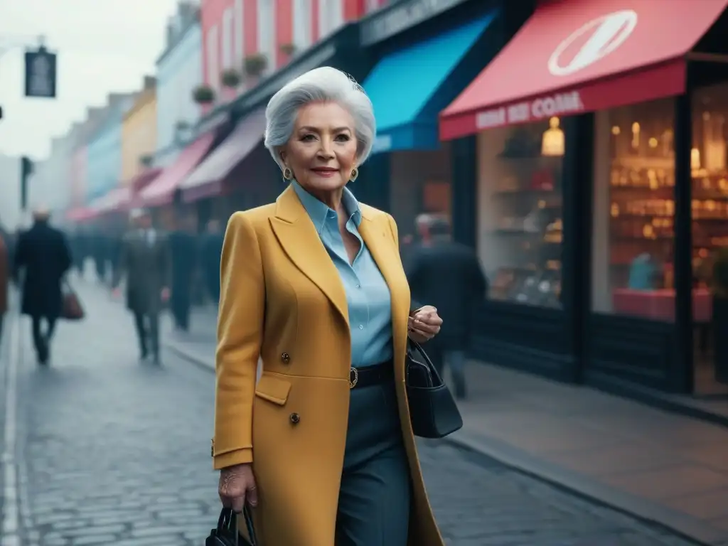 Elegante mujer mayor paseando con estilo en la ciudad Una mujer mayor elegante camina con confianza por una bulliciosa calle de la ciudad, rodeada de tiendas de moda