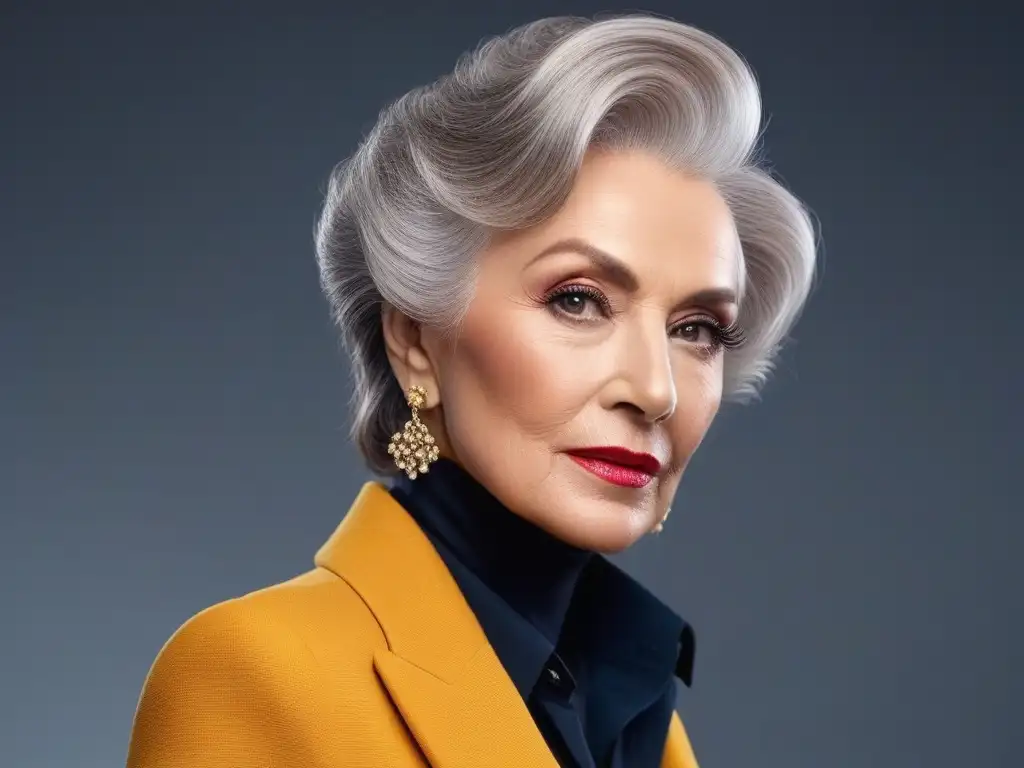 Estilo senior radiante: fusión moderna de tendencias juveniles Una mujer mayor elegante con maquillaje radiante y peinado moderno, fusionando tendencias juveniles con estilo senior en un ambiente contemporáneo