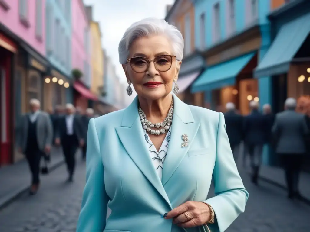 Estilo atemporal: mujer senior elegantemente chic en la ciudad Una mujer mayor elegante disfrutando de la moda inclusiva para seniors en una bulliciosa calle de la ciudad
