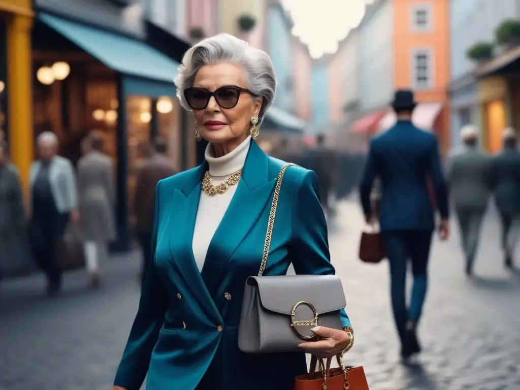 Moda adaptativa: elegancia y empoderamiento en la ciudad Una mujer mayor elegante en moda adaptativa para todos, pasea con confianza por una calle urbana llena de boutiques y cafés chic