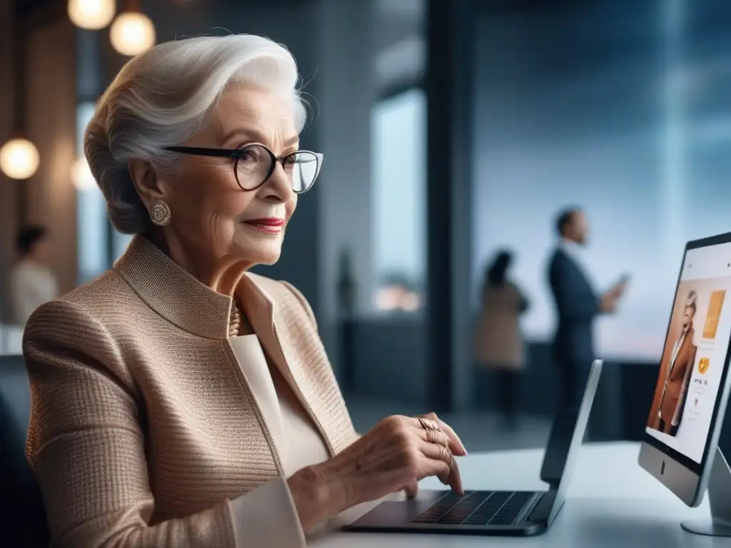 Senior elegante compra online con estilo Una mujer mayor elegante y moderna comprando ropa online con confianza, rodeada de dispositivos digitales