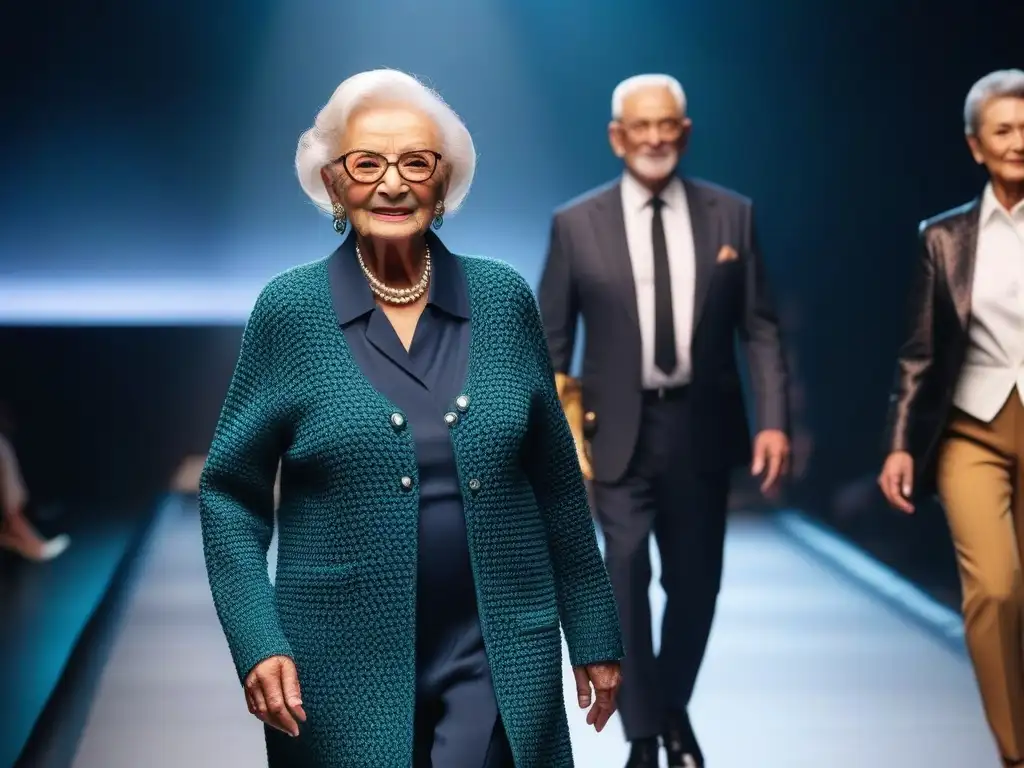 Fashion Show: Moda inclusiva para mayores rompiendo estereotipos Una mujer mayor elegante desfilando en pasarela, rompiendo estereotipos con moda inclusiva para personas mayores