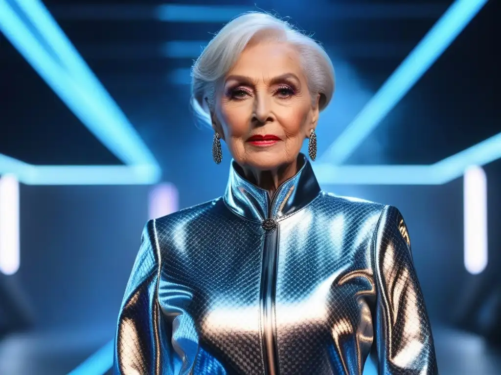 Desfile de moda futurista: mujer mayor deslumbrante en plata Una mujer mayor elegante desfilando en pasarela futurista con traje plateado y accesorios metálicos, en un ambiente de moda avanzada