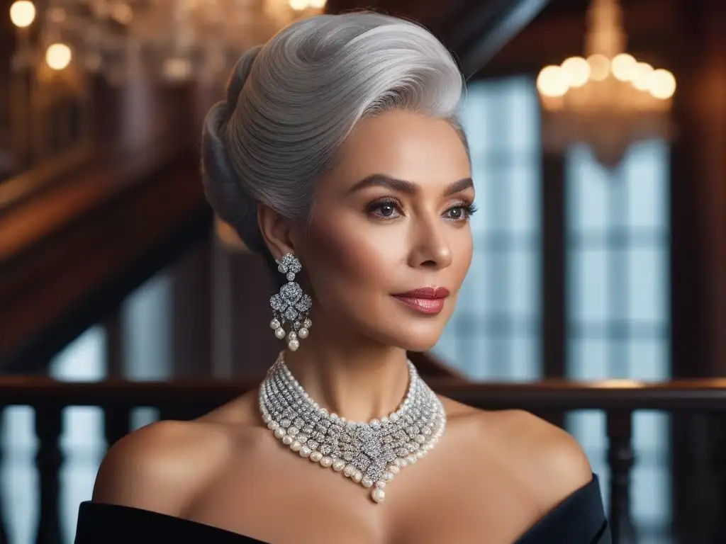 Señora elegante deslumbra en escalera de lujo Una mujer mayor elegante con un peinado recogido, luciendo un vestido de noche negro adornado con lentejuelas, accesorios de diamantes y collar de perlas, posando con confianza en una escalera, irradiando gracia y belleza atemporal en un lujoso salón de baile