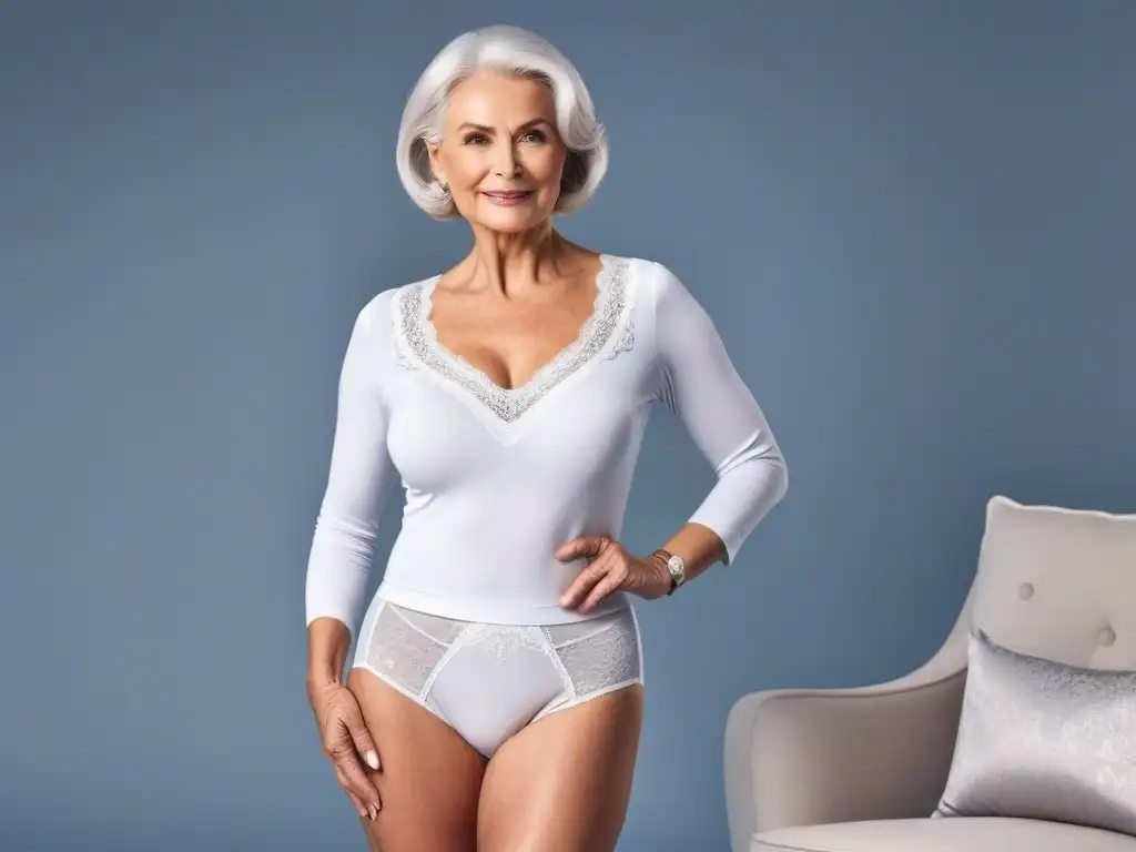 Modelo senior: elegancia en ropa interior para mujeres mayores Una mujer mayor elegante modelando ropa interior para seniors cómoda y con estilo en un estudio moderno y bien iluminado