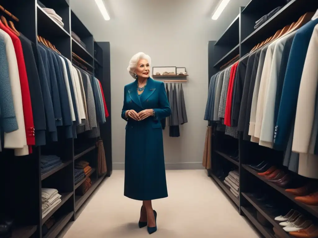 Estilo sofisticado: mujer mayor elige con confianza atuendos de moda Una mujer mayor elegante seleccionando ropa de moda de su armario, integrando tendencias con estilo