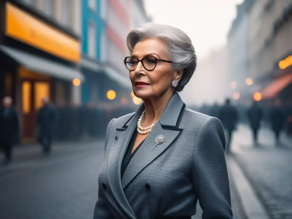 Estilo atemporal: mujer mayor deslumbra con elegancia urbana Una mujer mayor elegante y segura, camina por la ciudad con un atuendo chic y moderno