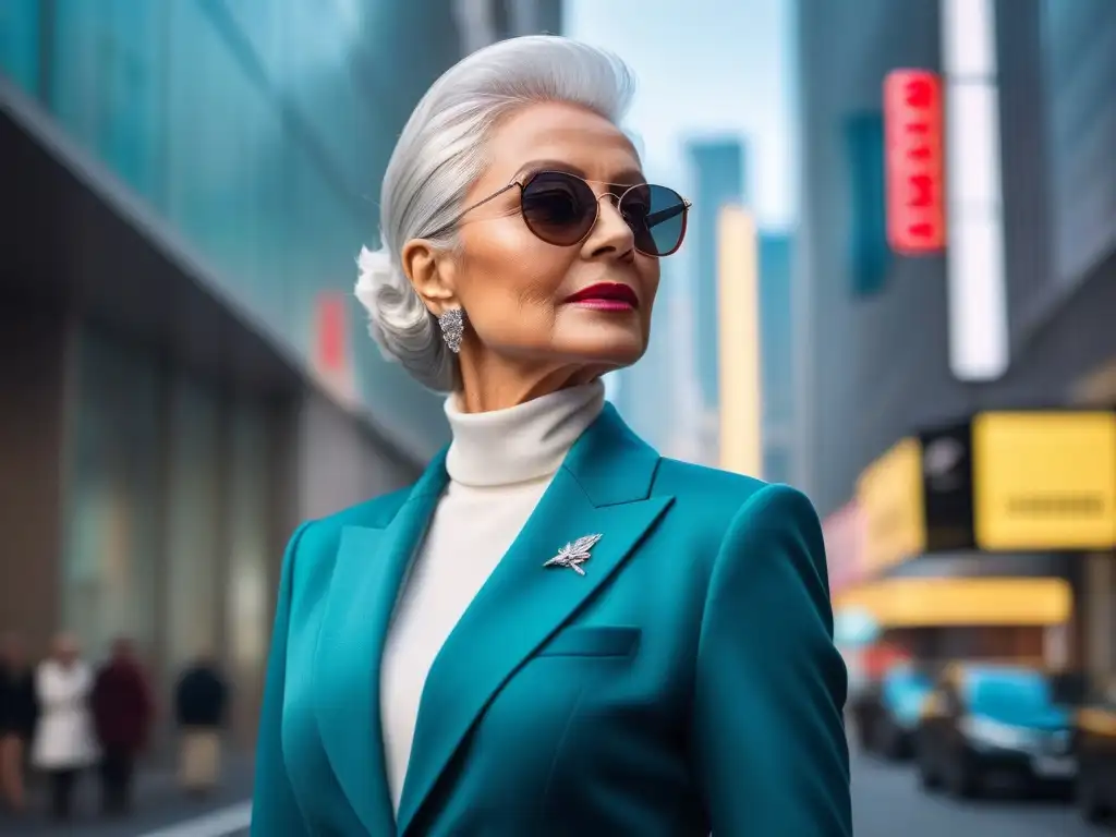 Senior elegante en ciudad moderna y vibrante Una mujer mayor elegante y segura en la ciudad con moda senior para renovar look