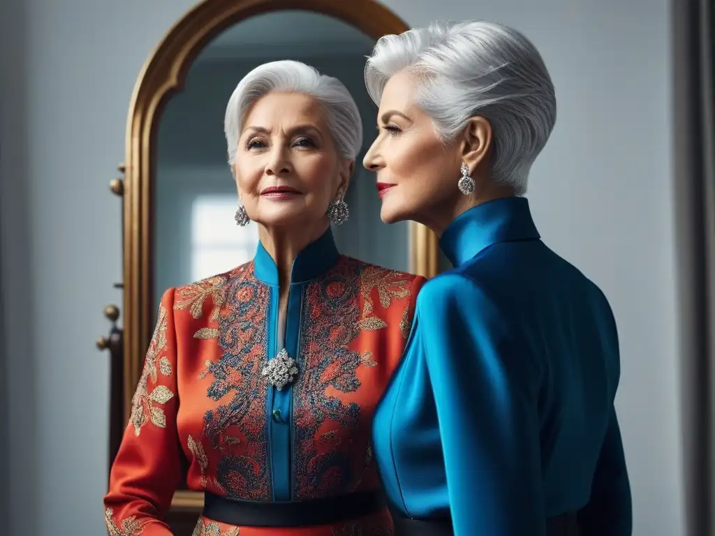 Reflejo de elegancia: evolución de la moda a través de las edades Una mujer mayor elegante y segura, reflejando su yo más joven en un espejo