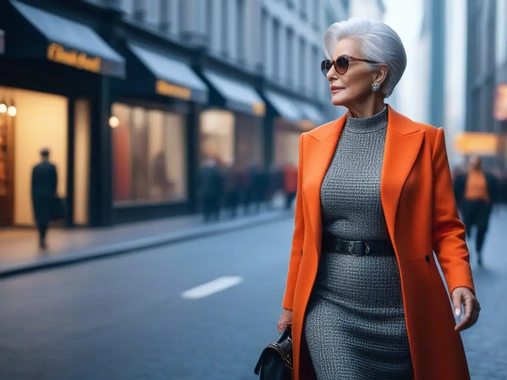 Estilo senior empoderado en la ciudad: moda vibrante para tallas especiales Una mujer mayor elegante y segura con cabello plateado, vistiendo un atuendo moderno y favorecedor en un color vibrante que realza su tono de piel