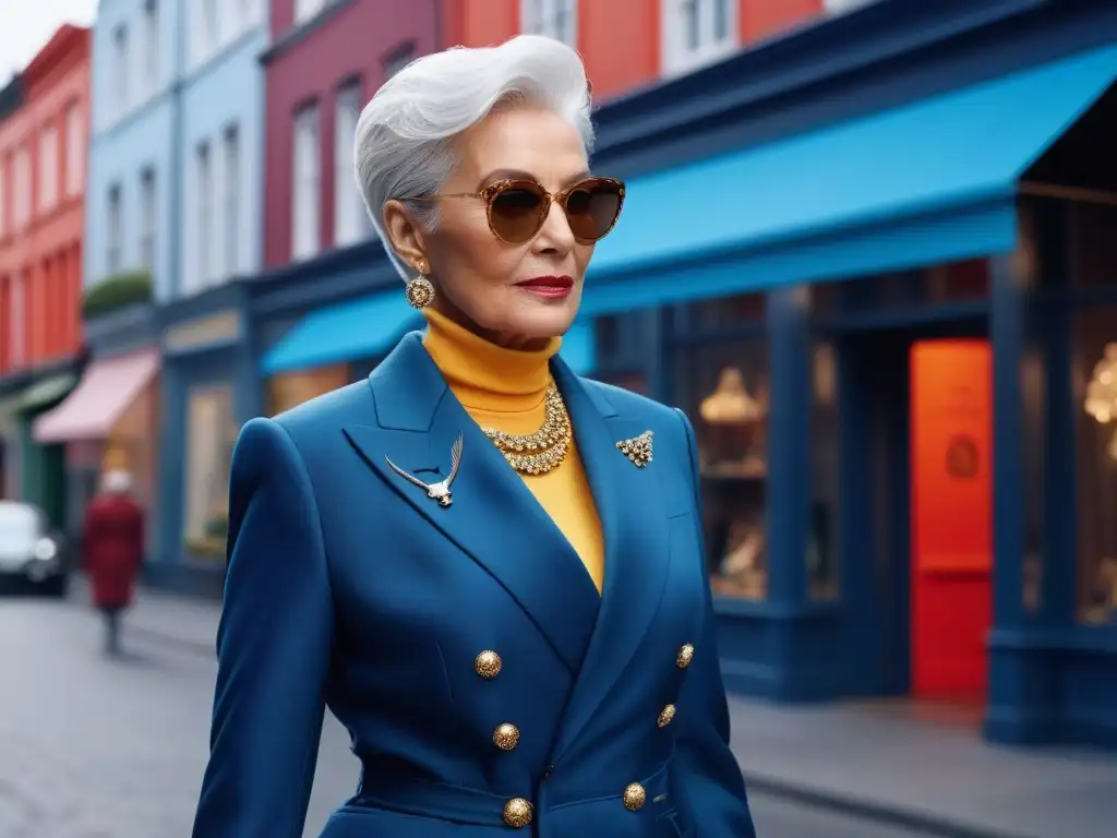 Estilo senior: mujer elegante en la ciudad Una mujer mayor elegante y segura, vistiendo un traje a la moda en color vibrante, camina por una calle de la ciudad llena de boutiques de lujo