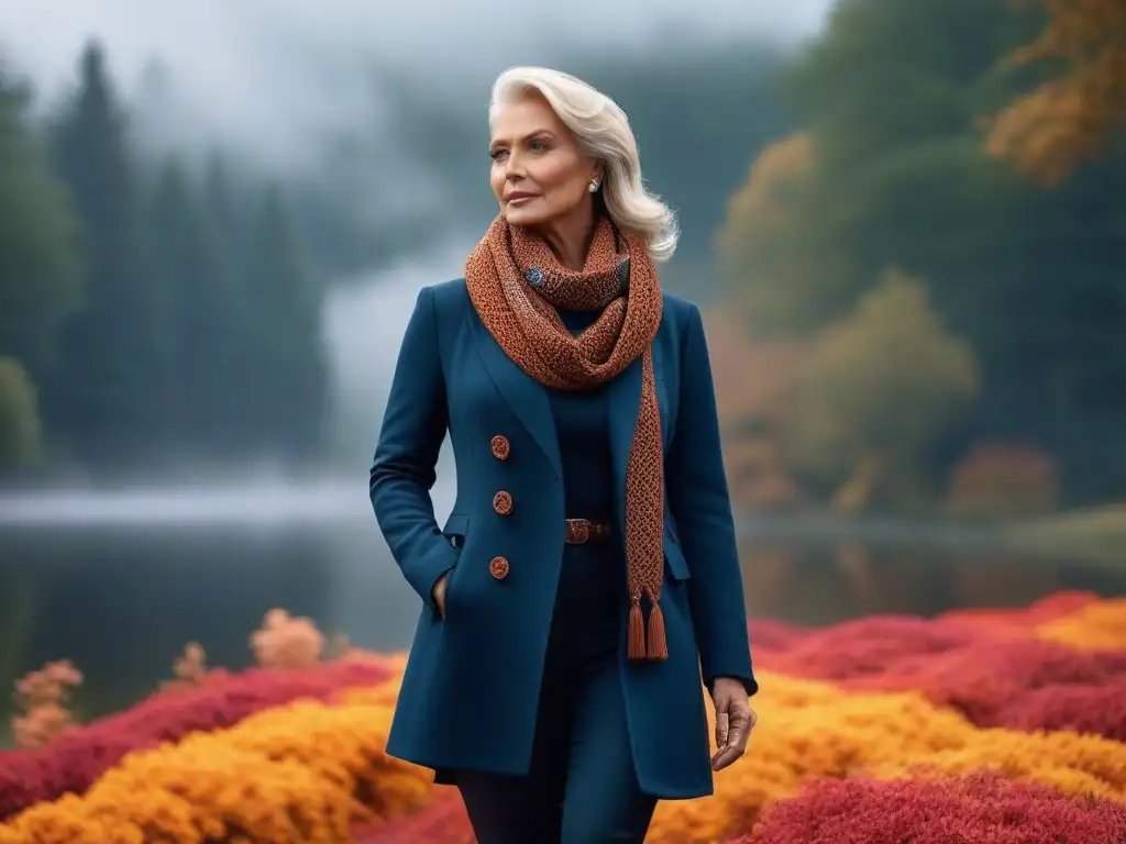 Una mujer mayor elegante y segura de sí misma, creando capas de moda para adaptarse a diferentes climas, rodeada de estaciones cambiantes