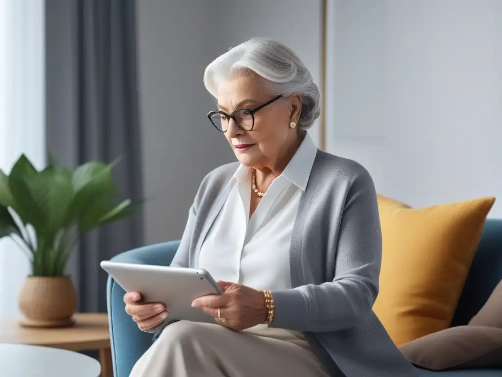 Elegante mujer mayor disfruta compras online en tablet moderna Una mujer mayor elegante y segura comprando ropa online en tablet en salón contemporáneo
