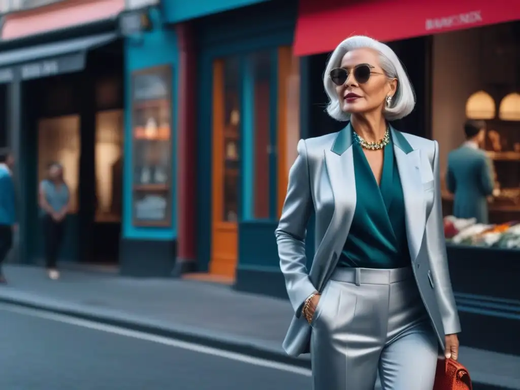 Estilo atemporal: mujer mayor elegante en la ciudad Una mujer mayor elegante y sofisticada en un ambiente urbano vibrante