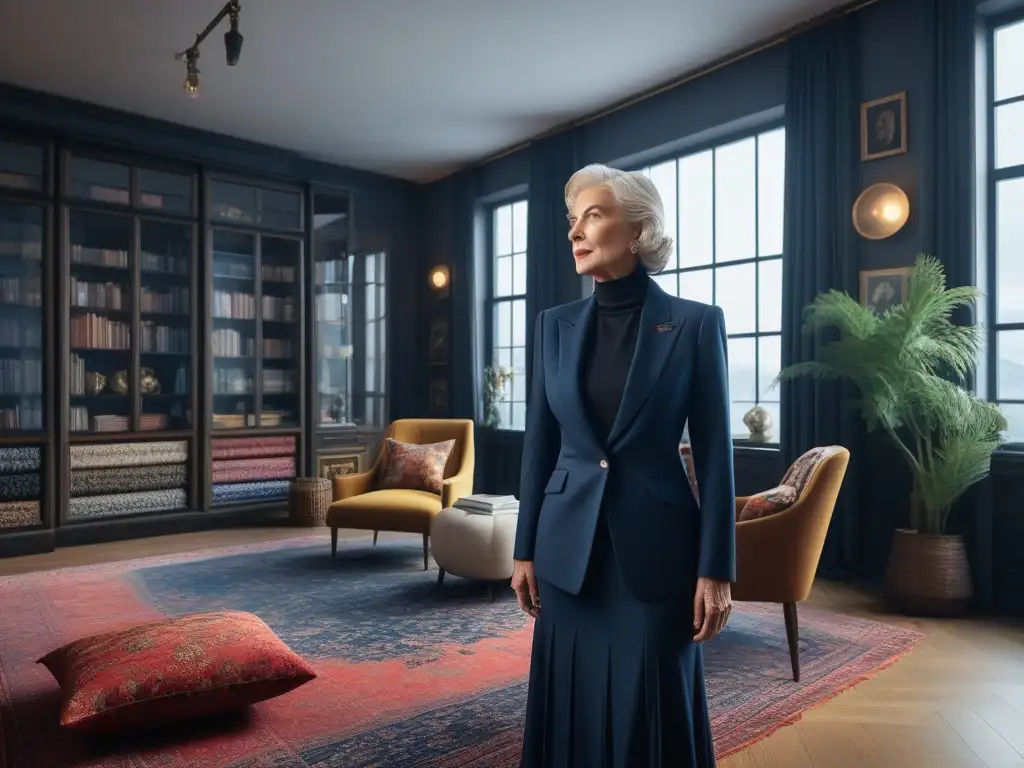 Senior fashion: mujer elegante seleccionando tejidos de lujo Una mujer mayor elegante elige las telas adecuadas para su ropa en un estudio lleno de color