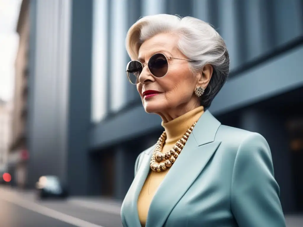 Elegante senior con estilo atemporal en la ciudad Una mujer mayor elegante con un traje a medida y accesorios chic posa con confianza en una calle moderna