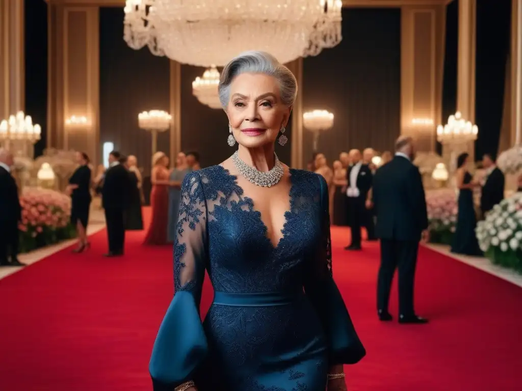 Glamour senior en evento de lujo con estilo y confianza Una mujer mayor elegante en un vestido de noche sofisticado, en un evento lujoso con luces brillantes y alfombra roja desplegada
