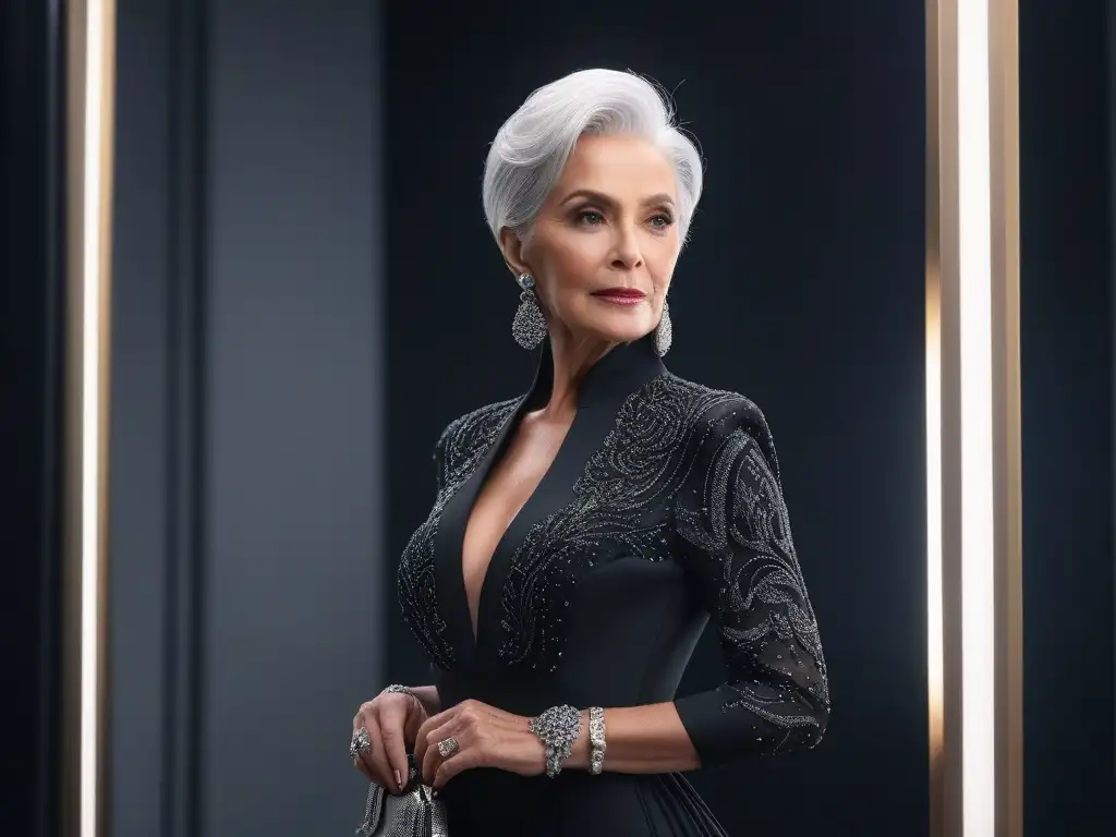 Mujer elegante con vestido de noche negro y joyas, reflejo en espejo Una mujer mayor elegante en vestuario para ocasiones especiales, de pie con confianza frente al espejo en un lujoso vestidor glamuroso