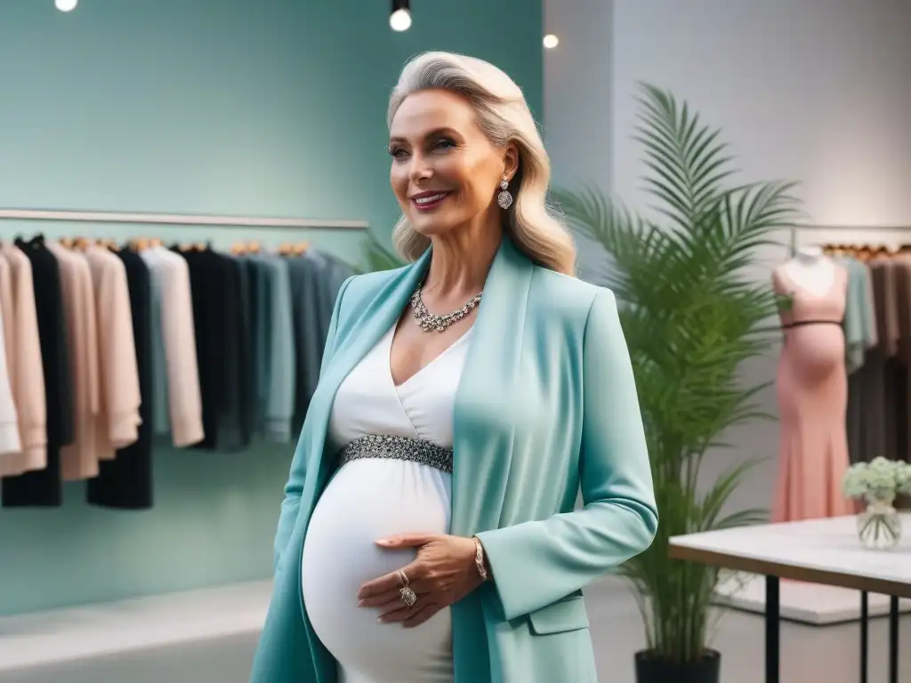 Embarazada elegante y segura en tienda de moda para mamás Una mujer mayor embarazada y elegante en una tienda de moda maternal, disfrutando de su outfit trendy y cómodo en tonos pastel, reflejada en el espejo