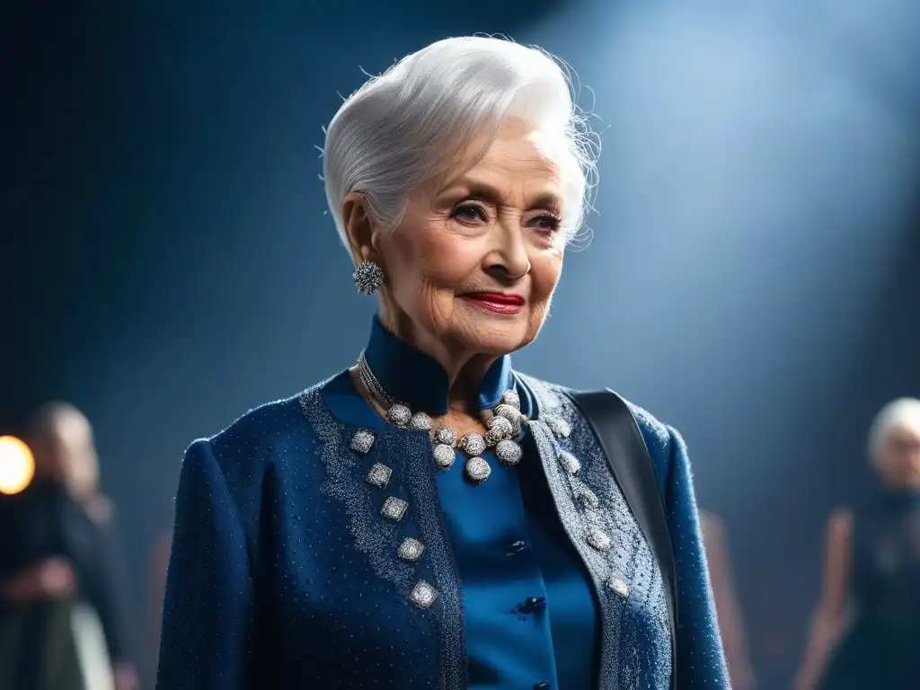Desafiando estereotipos: Pasarela de moda senior Una mujer mayor desafiando estereotipos de moda seniors, desfila elegantemente en una pasarela moderna