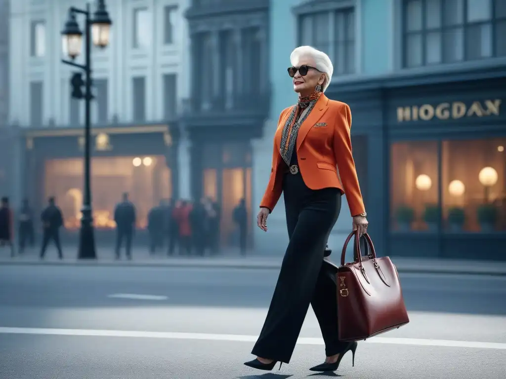 Estilo urbano: mujer mayor confiada en la ciudad Una mujer mayor caminando con estilo por la ciudad, luciendo un atuendo a la moda en tallas especiales
