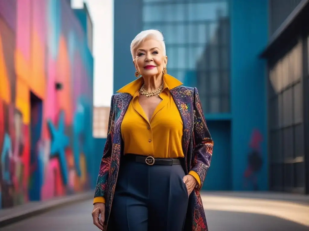 Fotografía impactante: mujer mayor con estilo urbano y sofisticado Una mujer mayor con estilo elegante posa en un entorno urbano vibrante, rodeada de edificios modernos y arte callejero colorido