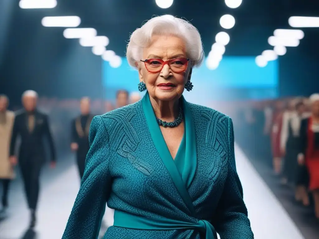 Desfile de moda rompiendo estereotipos de edad Una mujer mayor desfilando con estilo moderno, rompiendo estereotipos de moda seniors