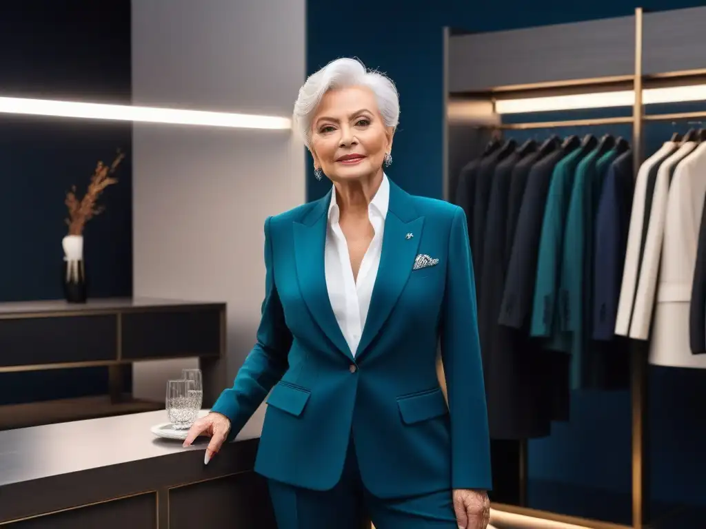 Empoderamiento senior: transformación de estilo en boutique de lujo Una mujer mayor muestra elegancia y empoderamiento en un vestidor moderno con espejos, reflejando la moda senior prendas a medida