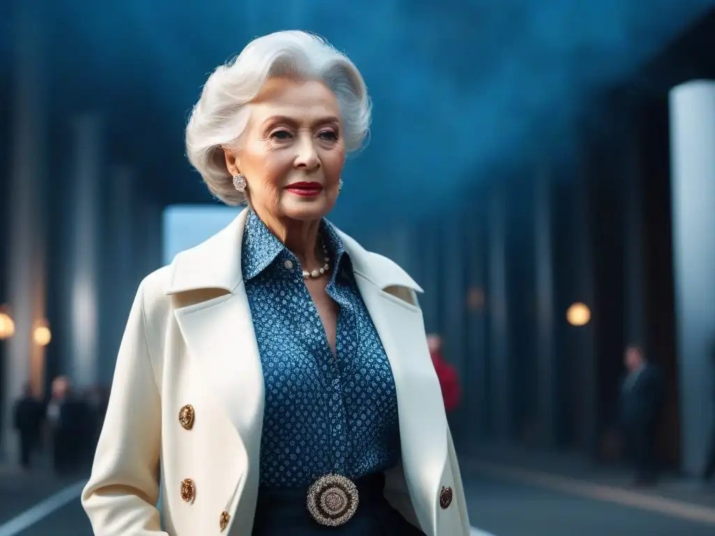 Moda senior: Desfile de elegancia y confianza en la ciudad Una mujer mayor elegantemente desfilando en pasarela urbana, reflejando la moda senior evolución tiempo