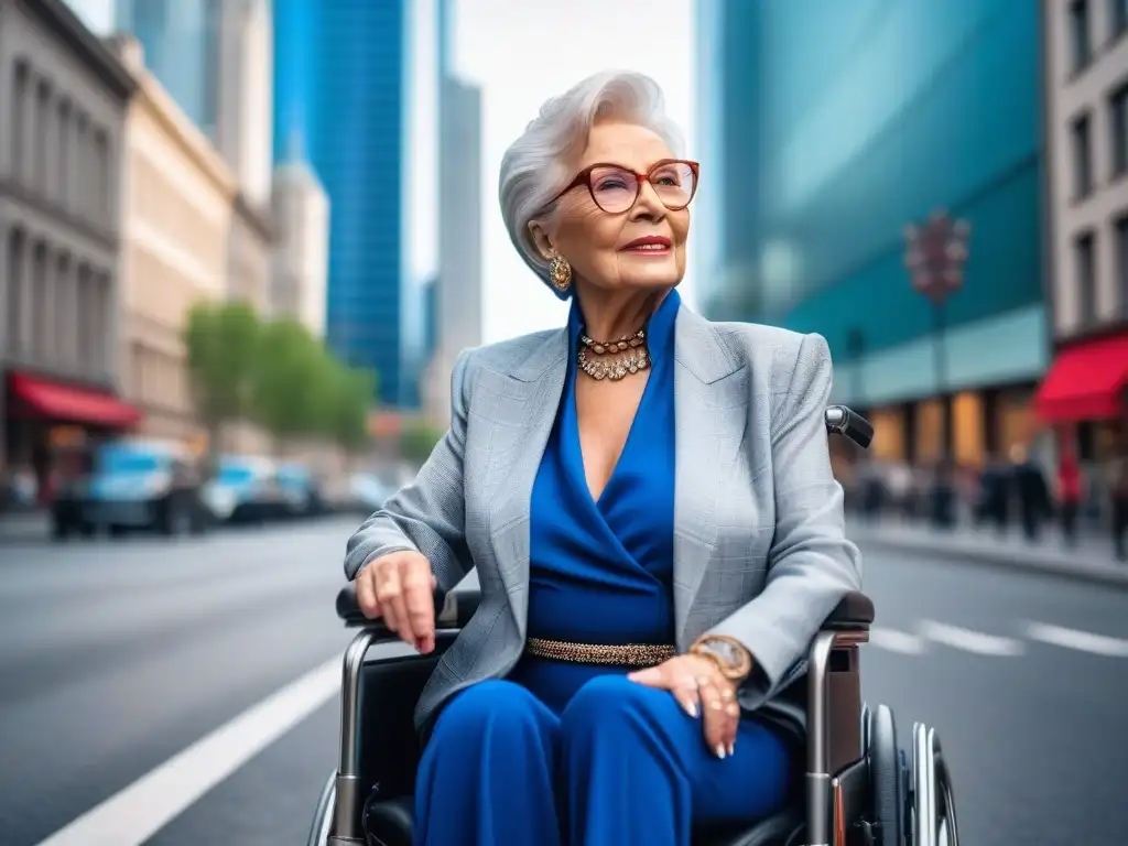 Empoderamiento: Mujer mayor en silla de ruedas con estilo urbano Una mujer mayor en silla de ruedas, segura y elegante, viste moda para seniors con movilidad en una vibrante ciudad