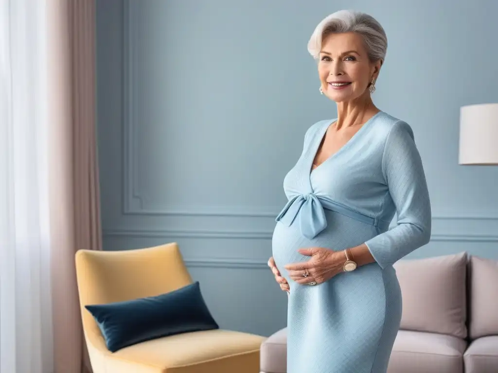 Estilo y comodidad: mujer sofisticada en su embarazo Una mujer mayor sofisticada y elegante en un moderno y luminoso salón, vistiendo un atuendo de moda maternal en tonos suaves